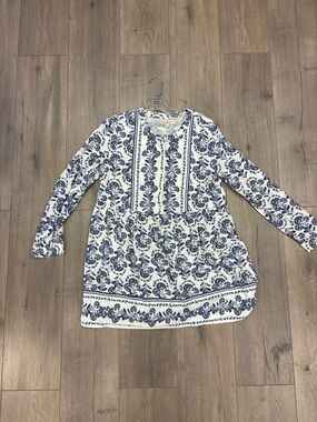 Loft Tunic Dress Tops Size 6 Button Front Long Sleeve Crew Neck Blue Floral
